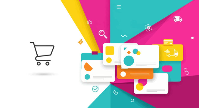 E-commerce, shopping, mobile app, web page, colorful icons, modern interface, digital storefront elements