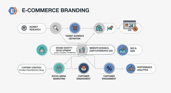 E-commerce branding, business strategy, marketing plan, vector icons, infographic elements