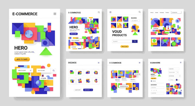 E-commerce web page templates, colorful geometric infographics, hero sections, UI kits, vector design elements, business layouts