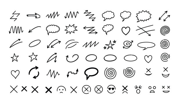 Collection of black and white hand-drawn doodle including arrows lines stars hearts and speech bubbles