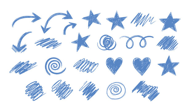 Collection of blue hand drawn marks including arrows stars hearts swirls and scribbles