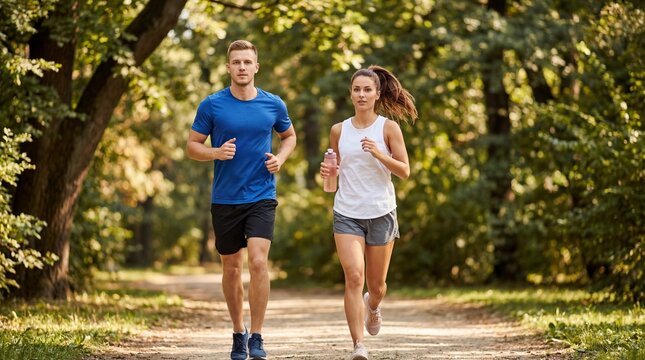 Couple jogging together on forest trail during sunny morning outdoor fitness workout