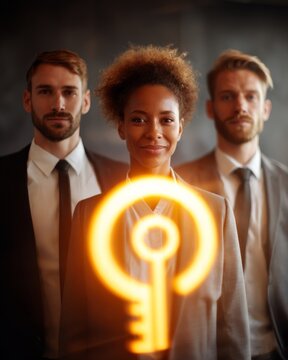 Diverse business team of three professionals standing in boardroom with glowing key icon