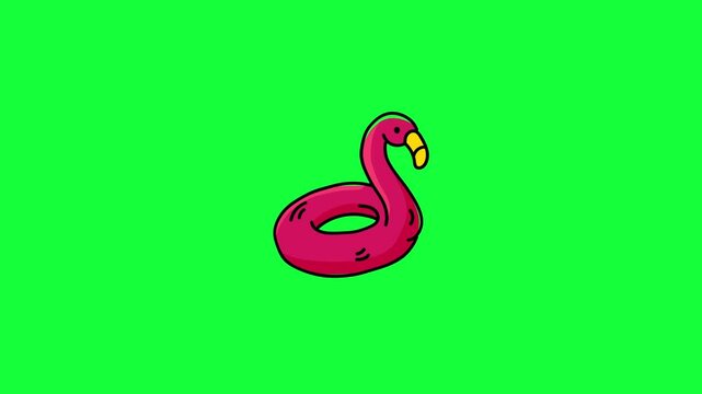 doodle animated cartoon flamingo pool float character, cute looping bob animation on green screen and white background, pink inflatable ring, 4K 16:9, perfect for summer pool party content