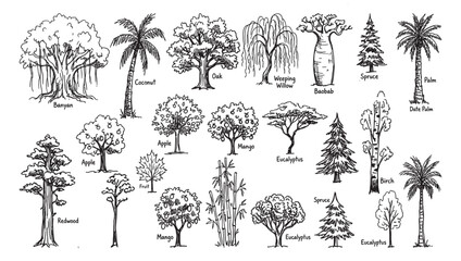 Hand Drawn Tree Vector Set Various Trees Botanical Illustration Forest Elements for Landscape Design Clipart Bundle Download Collection © Helal Mia