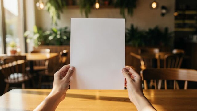 Person holding blank white paper sheet inside cozy cafe with wooden tables and chairs in warm light
