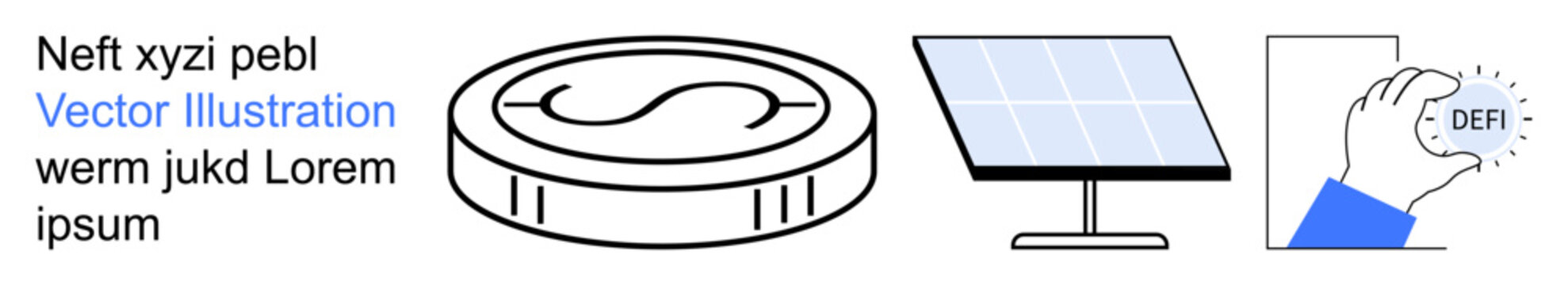Renewable energy, digital currency, decentralized finance, technology, eco-friendly economy, innovation. Coin icon, solar panel hand holding DeFi token. Renewable energy and digital currency