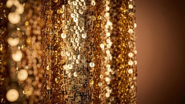 Close up of shimmering gold sequins texture for glamorous fashion and festive decoration background