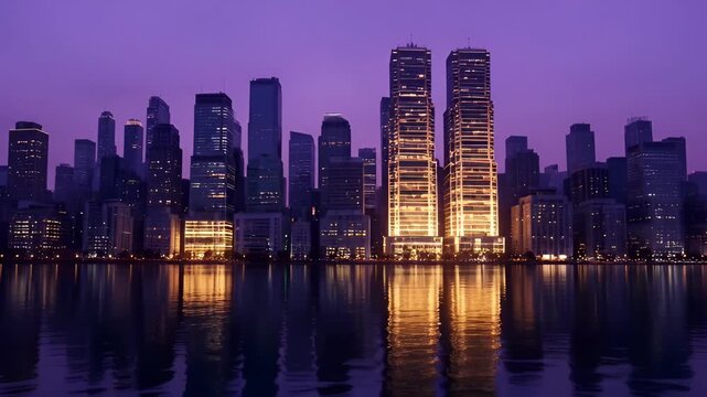 Purple twilight skyline of highrise buildings reflecting on calm river water cityscape skyscrapers