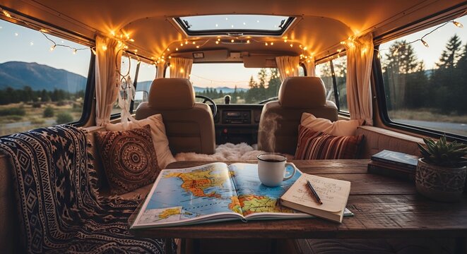 Cozy Camper Van Interior with Map, String Lights, and Scenic Mountain View