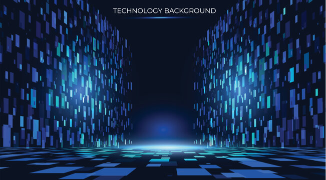 A futuristic, blue-hued technological setting, featuring towering walls of luminous grids that simulate Big Data transmission. An immersive environment with data streams flowing throughout the space.