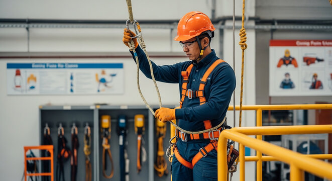 A man in a safety harness and orange helmet is securing a rope while standing on an industrial platform with equipment and posters in the background of a warehouse facility.