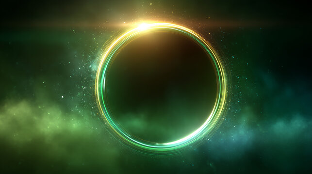 abstract glowing green light ring with particles, futuristic luminous circle background with neon gradient, cosmic portal with emerald sparks and golden glow