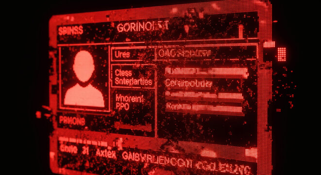 近未来のデジタル身分証明書 赤い光のインターフェース サイバーセキュリティや監視社会のイメージ