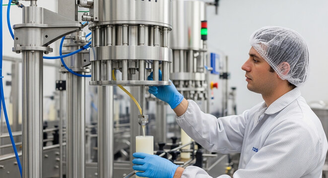 Factory worker in a sterile environment overseeing an automated filling machine for product packaging and manufacturing