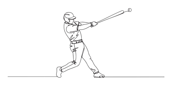 One line art of baseball player swinging bat in a dynamic pose. vector illustration 