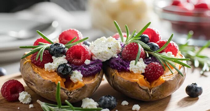 Colorful sweet potato halves topped with fresh berries and herbs on a wooden serving board