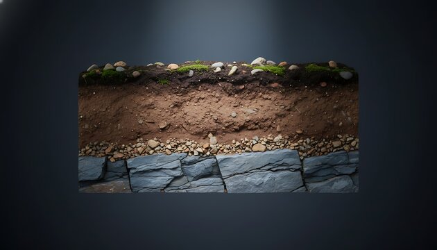 Soil profile underground layer earth cross section rocky soil ground texture sediment layer dark background surface layer mineral deposit geology study. Geological Cross-Sections / Earth Layers