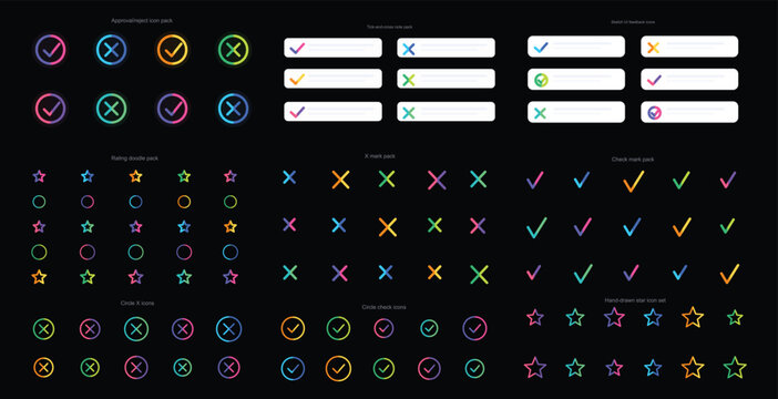 Approval and Reject Icon Pack with Tick and Cross Notes, Sketch UI Feedback, Rating Doodle, X Mark, Check Mark, Circle X, Circle Check and Hand Drawn Star Icons