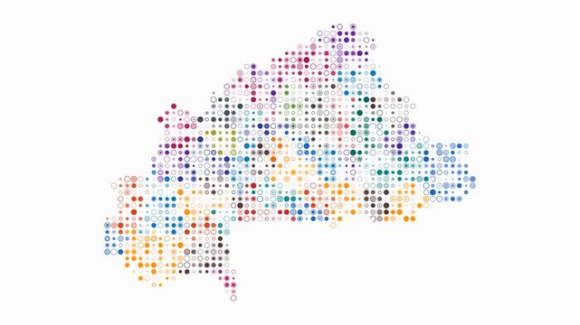 Burkina Faso map animation. Shape of the country with pulsating colored dots. Small size circle blocks. Digital style Burkina Faso map on white background. Awesome video.