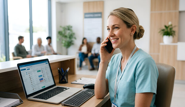 medical front desk worker managing patient data in a calm and hygienic workspace.