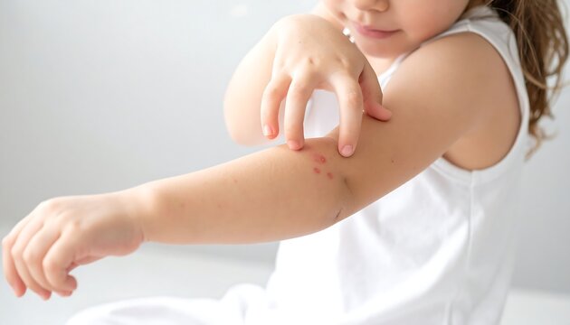 A young girl applying cream to itchy bug bites on her arm