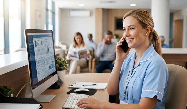 healthcare receptionist using a headset while assisting patients in a bright hospital lobby with soft natural lighting.