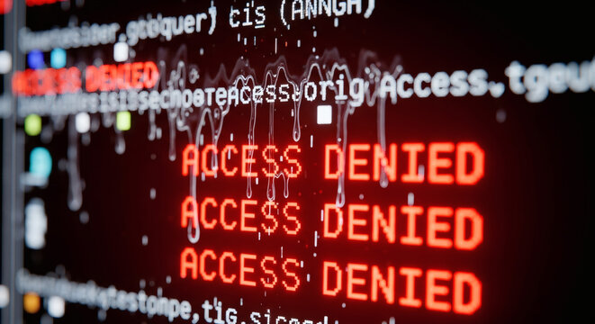 暗い部屋で赤く光るアクセス拒否の警告画面 サイバーセキュリティの脅威 ハッキング コンセプト