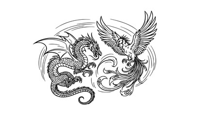 Obraz premium Dragon Phoenix Dynamic Line Art Fantasy Creature Vector