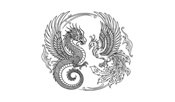 Dragon and Phoenix Line Art Fantasy Mythical Creature Vector