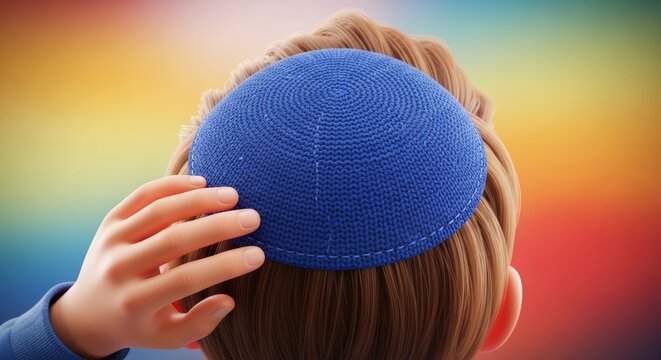 Woman wearing blue kippah on head.