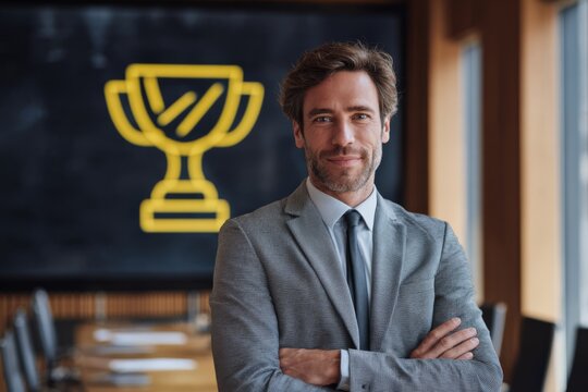 Confident businessman standing in boardroom with trophy icon on screen behind