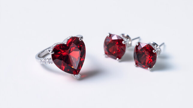 heart shaped ruby ring and earring set on white background, luxury red gemstone jewelry in gold setting, elegant valentine gift jewelry collection