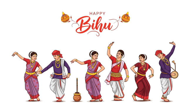 A vibrant vector illustration showcases the Happy Bihu celebration with a group of people in traditional Assamese dress performing a Bihu dance against a clean white background, capturing