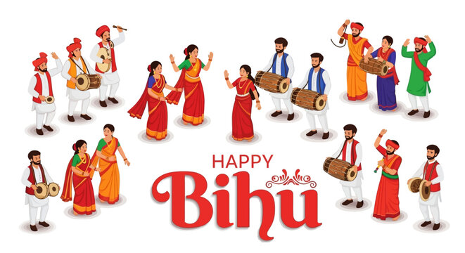 Isometric illustration displaying a vibrant Assam cultural festival, showcasing Bihu dance celebrations with traditionally dressed Assamese people playing instruments against a clean white