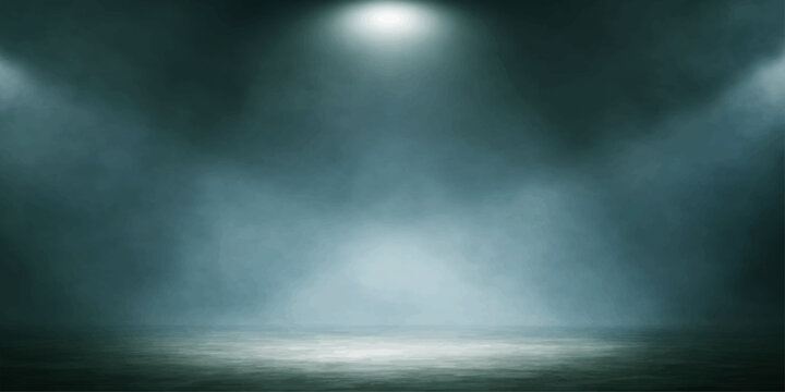 Ethereal light rays pierce through the stormy night mist and heavy rain to create a dramatic textured backdrop of ethereal illumination against a dark, foggy wall