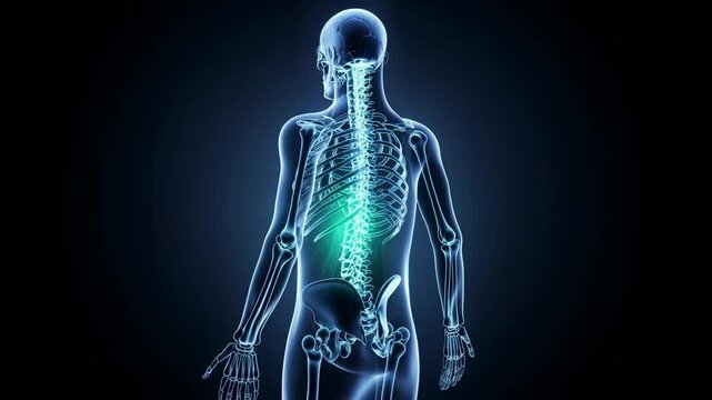 Detailed glowing 3D human skeleton side view medical anatomy concept with spine and ribs