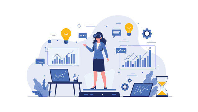 Virtual reality business data analysis and futuristic technology concept with professional woman using vr headset to monitor interactive charts.