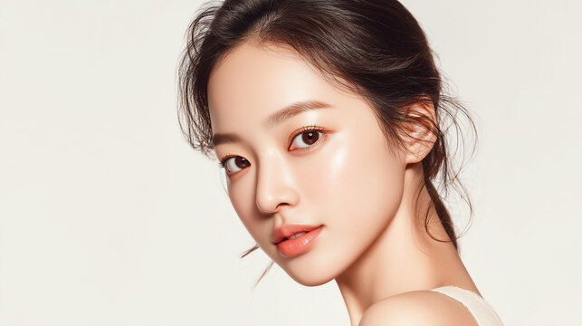 k-beauty skincare advertising with flawless korean female face, close up portrait of young woman with glowing glass skin, beauty model for cosmetic and skincare brand campaign