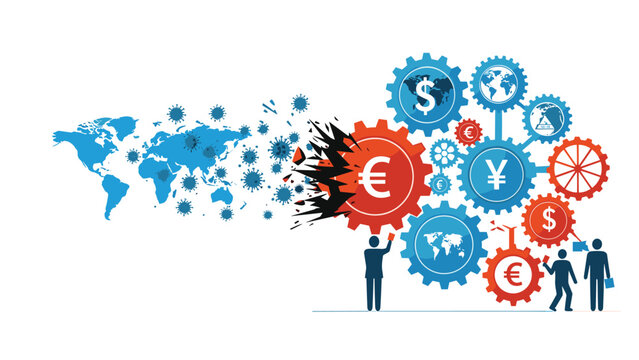 Coronavirus particles attacking a gear system of global currencies representing the economic impact of the pandemic.
