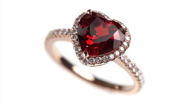 luxury heart shaped ruby ring with diamond halo, elegant red gemstone engagement ring in rose gold, high-end jewelry photography of heart ruby ring