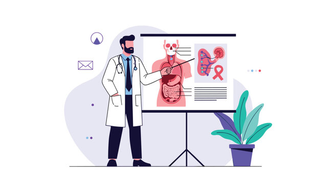 Bearded doctor in a white lab coat using a pointer to explain human anatomy on a very detailed educational wall chart.