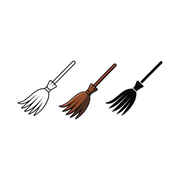 Witch broom set, halloween flying broomsticks, magic sweep icons, cosplay prop, haunted house scene, party invitation art, vector clipart, illustration