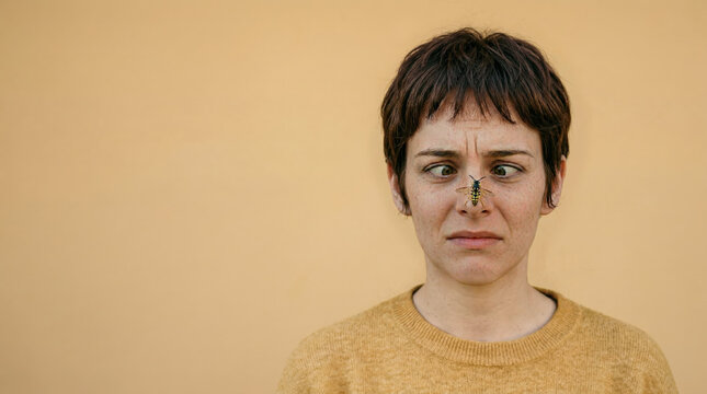 Frightened woman looking cross-eyed at a wasp resting on her nose. A minimalist portrait featuring tension, a solid yellow background, and ample copy space.