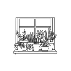 Fototapeta premium Line Art Illustration of Houseplants on a Windowsill