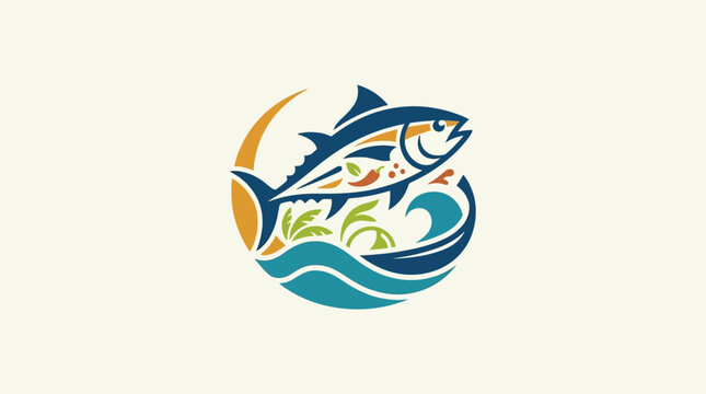 Stylized Tuna Fish Logo with Ocean Elements