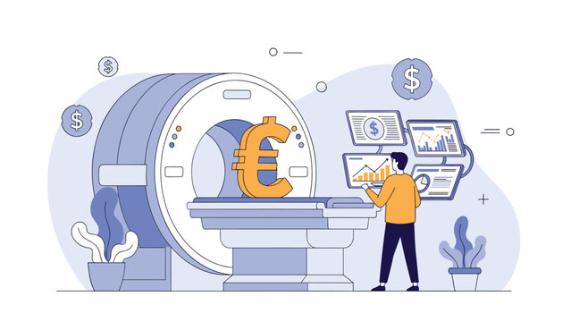 Healthcare professional monitors medical data on multiple computer screens while standing next to a large diagnostic machine with a euro.