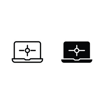 Laptop target icons, ux testing workshop banner, product research session, usability study event, digital lab branding, vector illustration for design