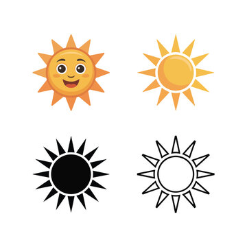 Sun icons collection vector, summer sunshine symbols, weather app graphics, beach vacation banner, outdoor festival poster, warm season design