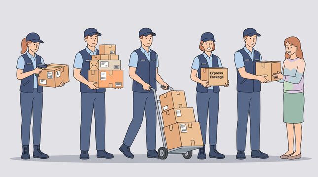 Delivery courier character set with parcel handling, box carrying, hand truck transport and customer package service in clean flat vector style